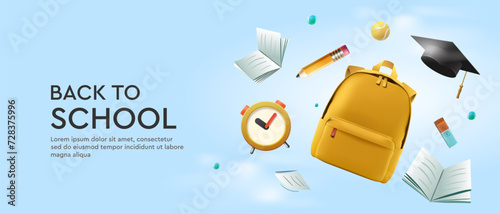 Back to school. Bright web banner with school supplies. Flying stationery on blue clouds background. Advertising of educational institutions, shops selling school attributes, vector illustration