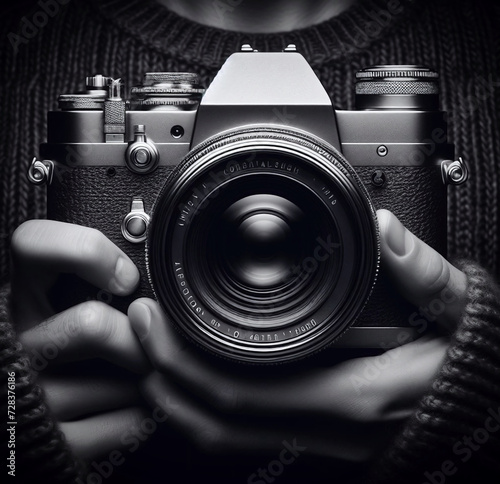 Monochrome close up of hands adjusting a SLR camera. Created with artificial intelligence