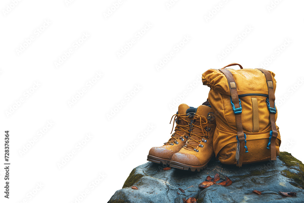 die cutBackpack and hiking boots in forest.