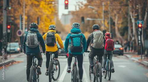 Group of commuters on bikes photo