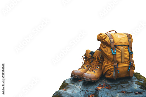 die cutBackpack and hiking boots in forest. photo