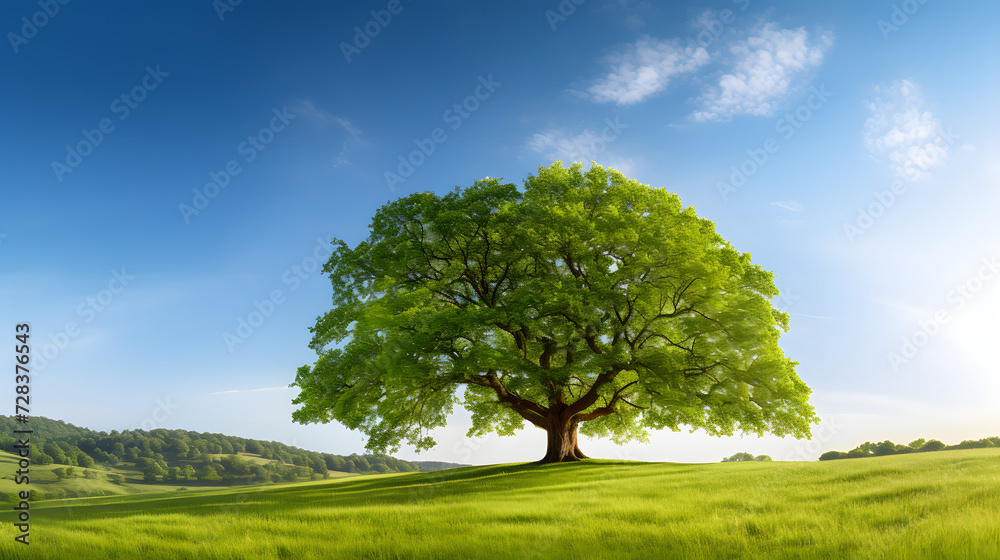 The sun shining through a majestic green oak tree on a meadow, with clear blue sky in the background, panorama format. Generative AI.