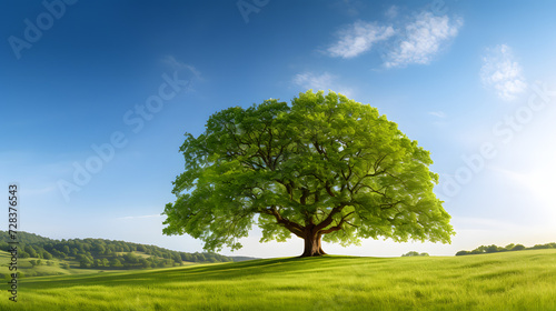 The sun shining through a majestic green oak tree on a meadow  with clear blue sky in the background  panorama format. Generative AI.