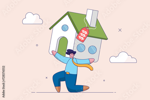 House mortgage concept. Overpay in real estate, too much invest or expense to pay for debt and loan in economic crisis, tried depressed office worker man carrying house with expensive price tag.