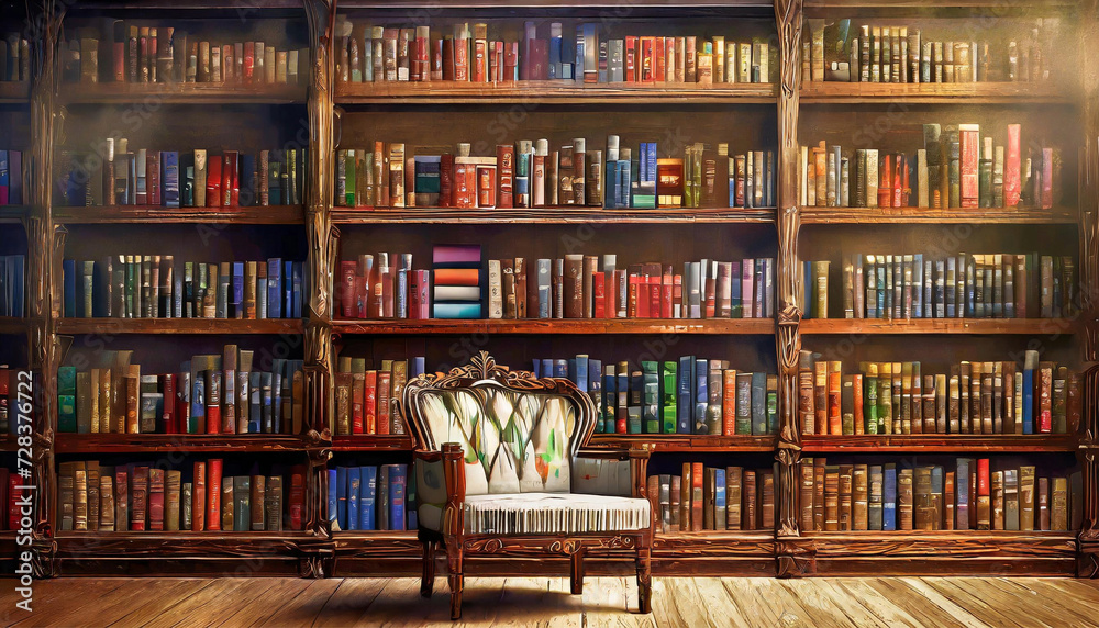 Bookshelves in the library - obrazy, fototapety, plakaty 