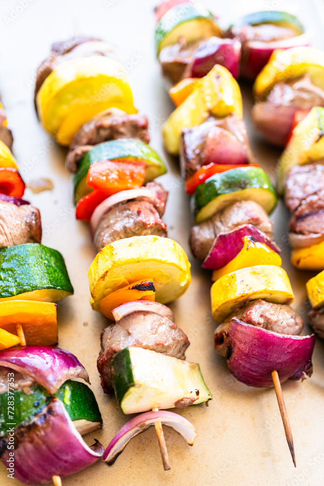 Grill Delights-Beef and Veggies Sizzling on Skewer