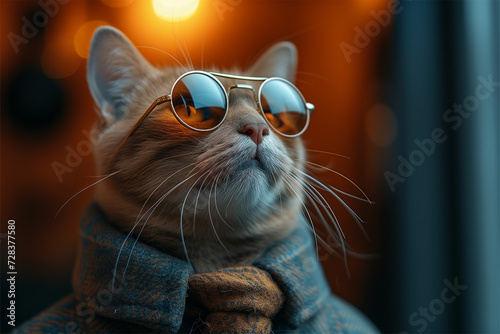 Elegant feline fashion: A cat dons sunglasses and a dapper suit with a tie, exuding charm and style.