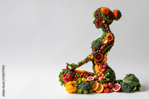 A vibrant and whimsical illustration of a woman embodying the beauty and nourishment of nature through a yoga pose crafted from an array of colorful fruits and vegetables