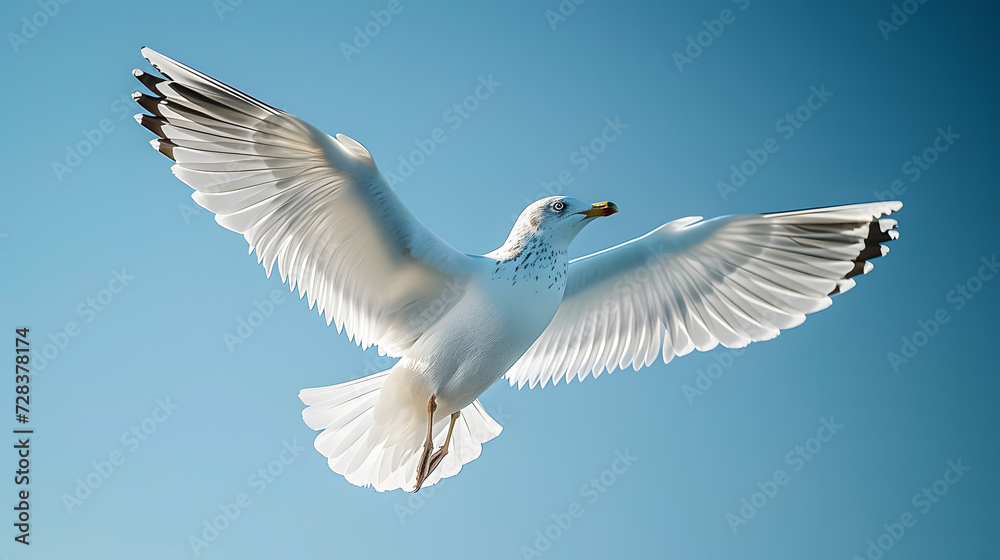 A seagull, with a clear blue sky as the background, during a peaceful cruise