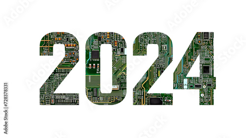 Graphic design of the year 2024 numerals filled with electronic circuit patterns, symbolizing technological advancement and the digital age