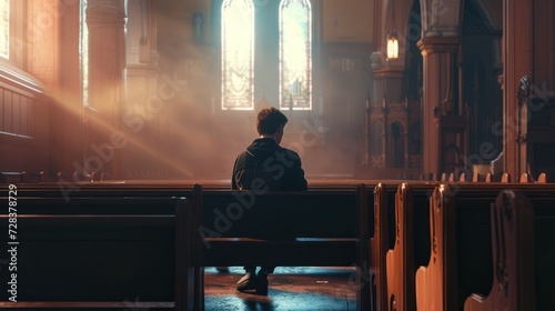 Young man seated on a pew inside a church, engaged in prayer, reflection or worship.