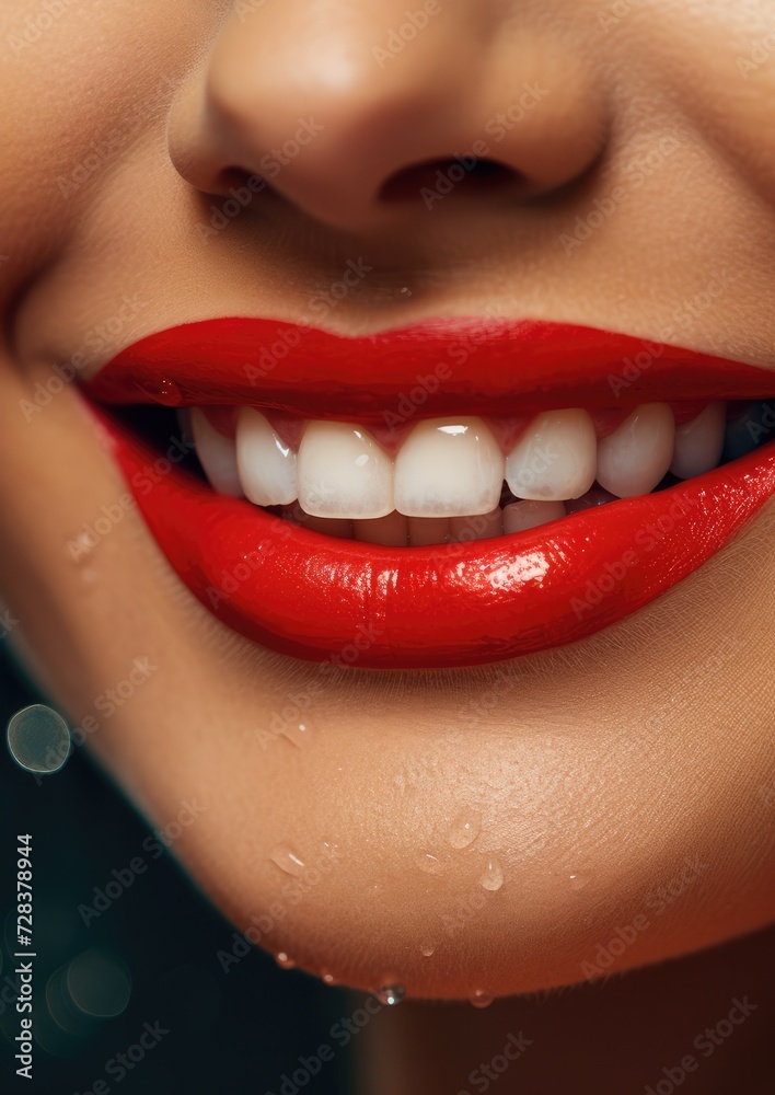 Obraz premium Portrait of happy women with perfect smile with nice white teeth and red lipstick. Generative Ai.