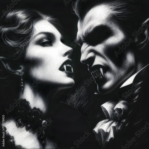 Black and white charcoal style drawing of an enigmatic dark  couple of vampires with exposed fangs