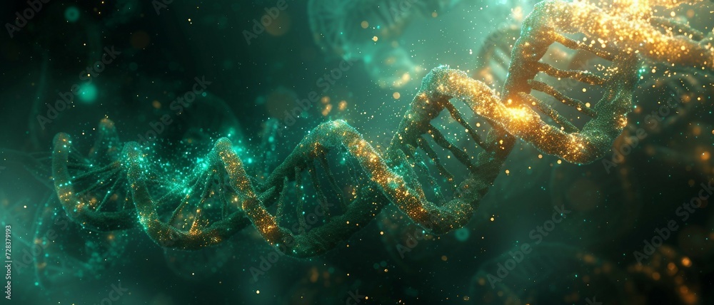 a symmetrical background with intertwining double helix structures of DNA, incorporating glowing double helix structures in shades of cosmic teal, biotech green, and genetic gold. in Healthcare Fusion