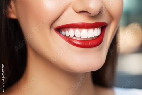 Portrait of happy women with perfect smile with nice white teeth and red lipstick. Generative Ai.