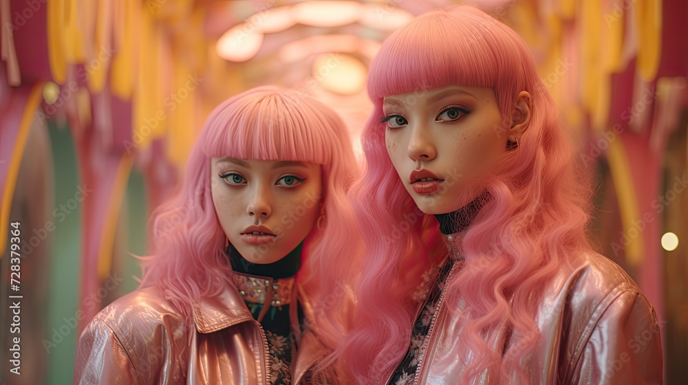 Obraz premium Group of asian girls with pink hair and pink suits