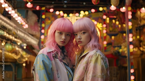Group of asian girls with pink hair and pink suits
