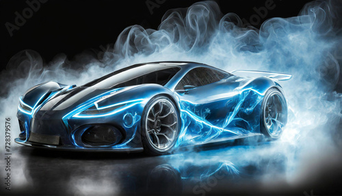 Elegant futuristic, blue shiny car of the future, headlights on, blue smoke