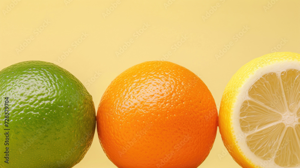 Three vibrant citrus fruits - orange, lemon and lime, against a light yellow background