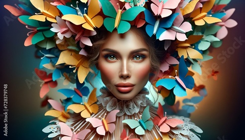AI generated illustration of a Female with paper butterflies surrounding her © Wirestock
