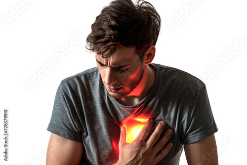 Young man pressing on chest having heart attack,  having heart attack or painful cramps, heart disease. Die cut. photo