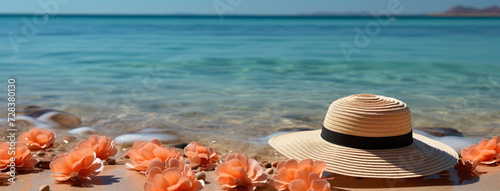 Calm tropical tourist beach in a sunny day background banner with a hat on beach sand and flowers around 