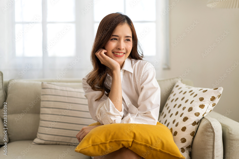 Portrait of smiling beautiful pretty asian woman clean fresh healthy white skin posing smile in pajamas white clothes, skincare, lady, model, cosmetic, fashion.Girl relax, enjoy at home.asia beauty Portrait of smiling beautiful pretty asian woman clean fresh healthy white skin posing smile in pajamas white clothes, skincare, lady, model, cosmetic, fashion.Girl relax, enjoy at home.asia beauty