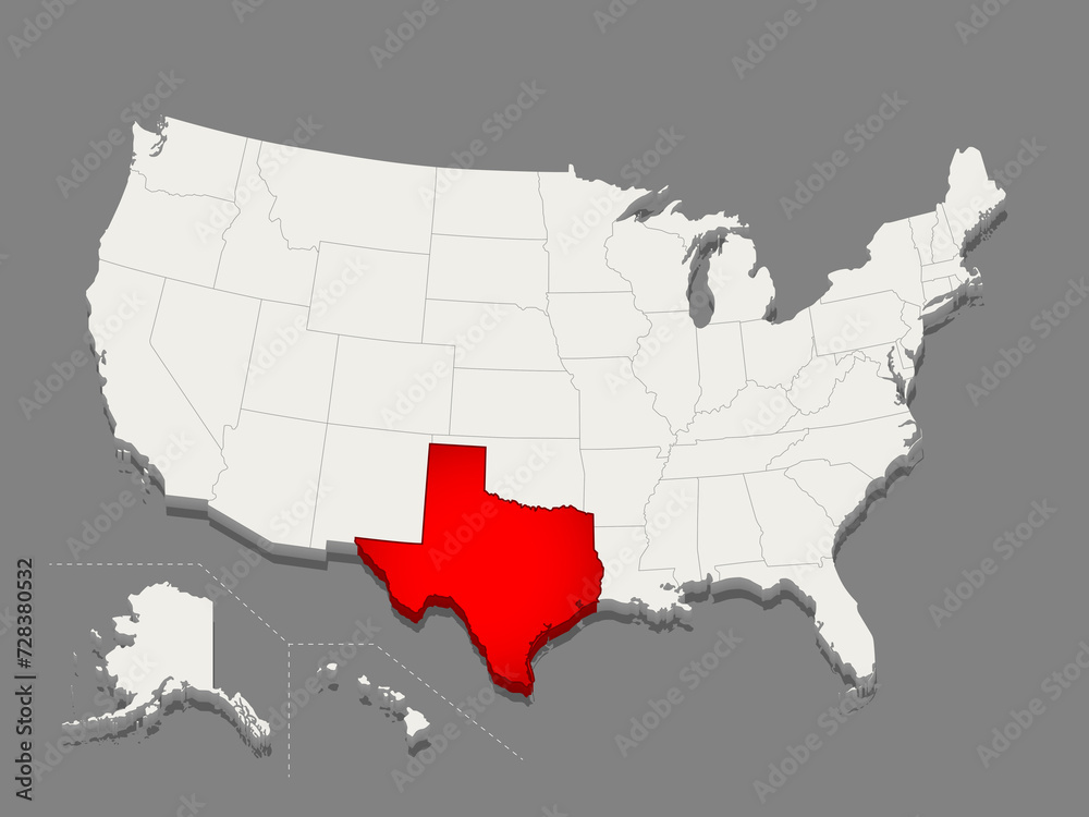 The state of Texas is highlighted in red on a minimalistic map of the USA in white on dark background. Thin clean lines. Raster illustration.