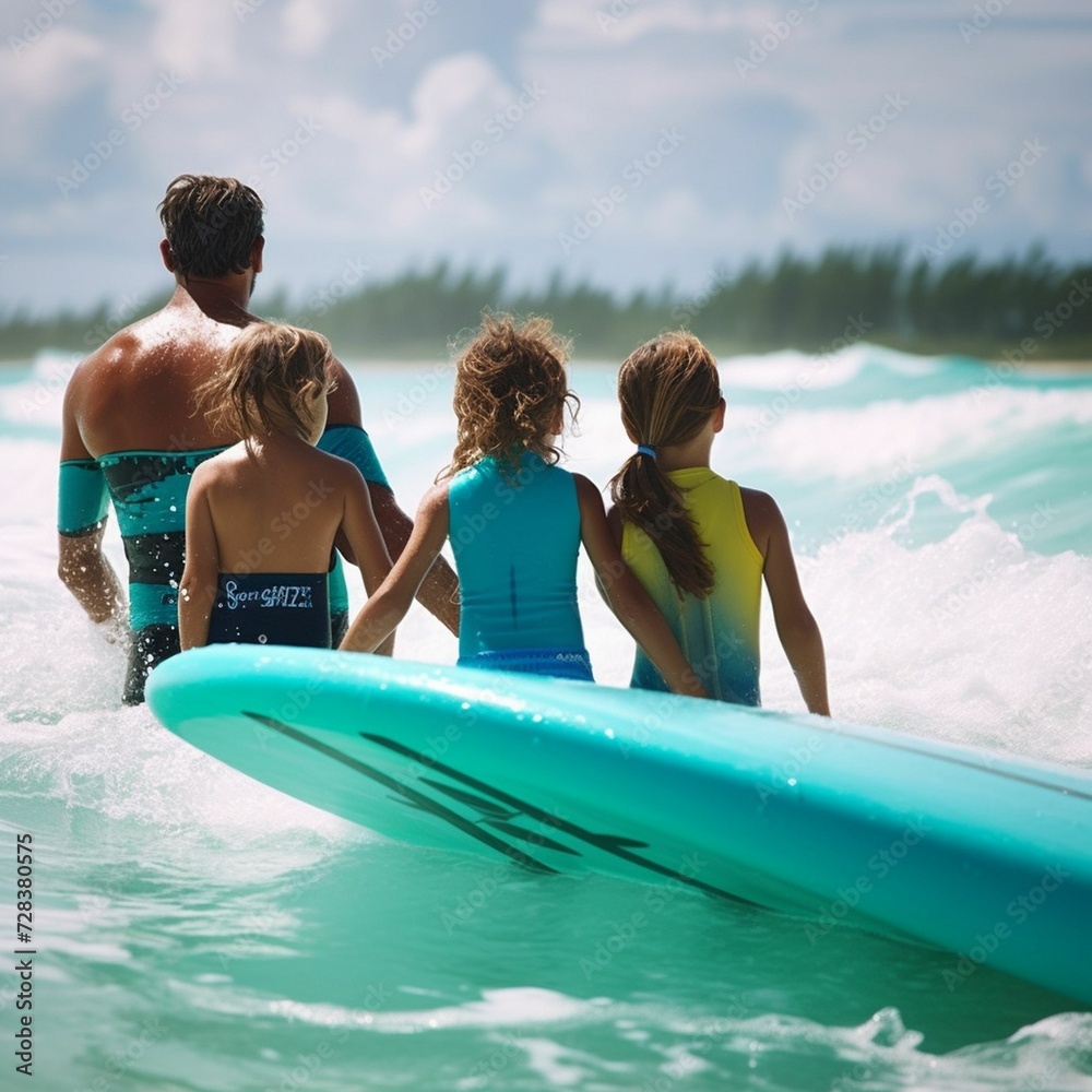 Obraz premium at the beach, surfers swiming in the sea and having fun in summer. Extreme sport and vacation concept. Father and children have fun at sea. Family holidays, family vacations. happy family with childre