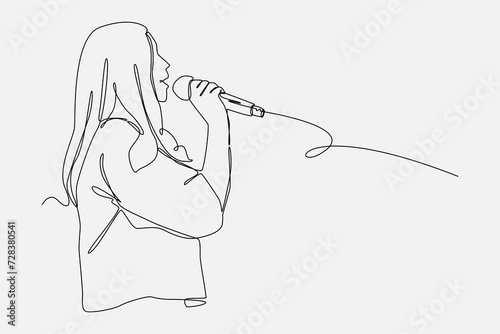 woman holding microphone. speak or sing. side view. continuous one line drawing style. editable stroke. vector illustration.
