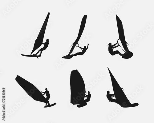 Vector windsurfing silhouette set. Isolated on white background. Water sports, beach, extreme. Vector illustration.