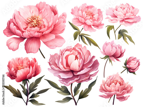 Watercolor floral illustration elements set - green leaves, pink peach blush white flowers, branches. Wedding invitations, greetings, wallpapers