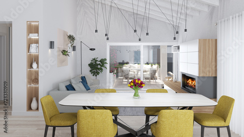 Lussuoso interior design di una zona giorno open space con cucina e sala da pranzo. Cucina moderna dai toni neutri con tocco di colore e caminetto. elementi di design.	 photo
