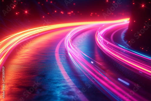 Explore dynamic neon light trails on a black canvas, capturing futuristic flashes and motion light lines. Perfect for banners, postcards, and illustrations.