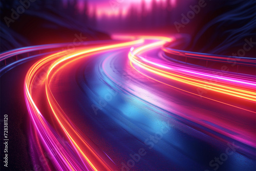 Explore dynamic neon light trails on a black canvas  capturing futuristic flashes and motion light lines. Perfect for banners  postcards  and illustrations.