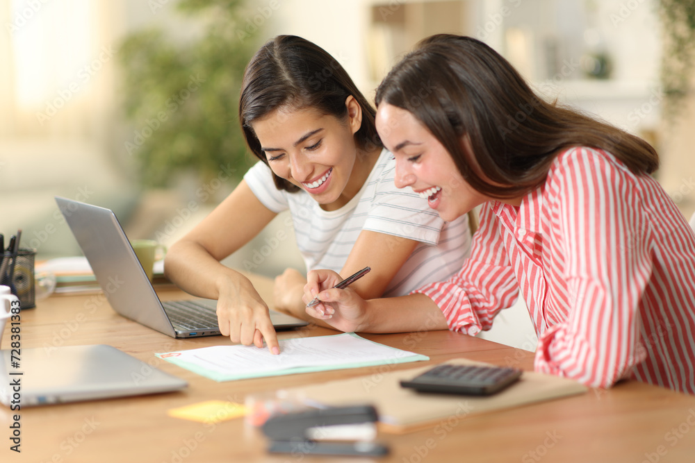 Happy workers checking document policies before sign Happy workers checking document policies before sign