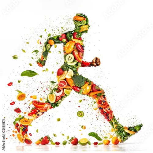 A colorful human figure sprints through a vibrant garden of fruits and vegetables, embracing the beauty and vitality of nature's bounty