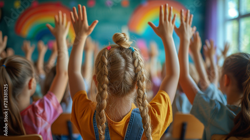 Dynamic classroom engagement: Children raising hands in a Back To School scene, featuring strategic selective focus.