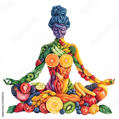 A vibrant and whimsical illustration of a woman embodying the beauty and nourishment of nature through a yoga pose crafted from an array of colorful fruits and vegetables