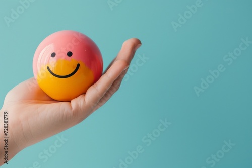 Happy Smiley Emoji hand anatomy Emoticon, colored Symbol symbolic illustration. Smiling face feedback opinion. Joyfull unwind big smile. teamwork client rating and customer feedback photo