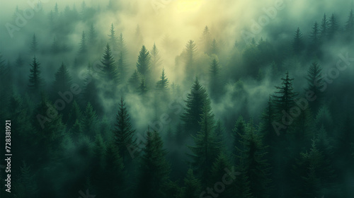 Step into enchantment with a vintage retro fir forest landscape, shrouded in an enchanting mist.