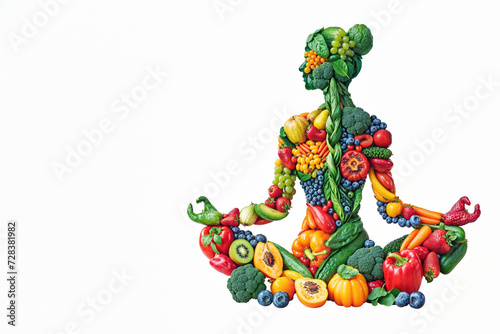 A vibrant and whimsical illustration of a woman embodying the beauty and nourishment of nature through a yoga pose crafted from an array of colorful fruits and vegetables