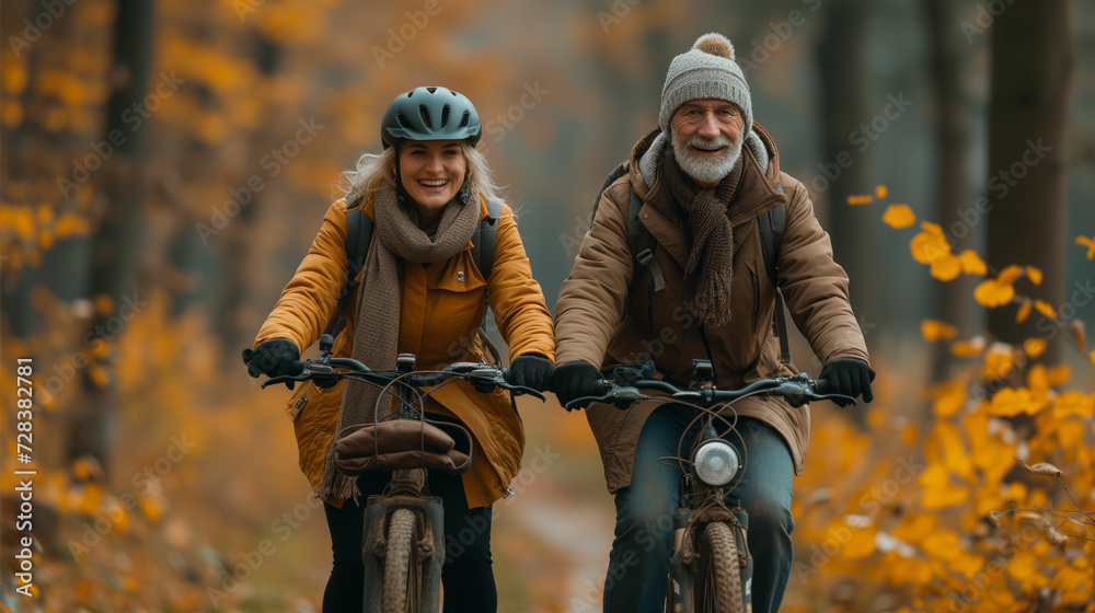 Joyful elderly couple cycling in nature's embrace, capturing fun-filled moments of mature adventure. Joyful elderly couple cycling in nature's embrace, capturing fun-filled moments of mature adventure.