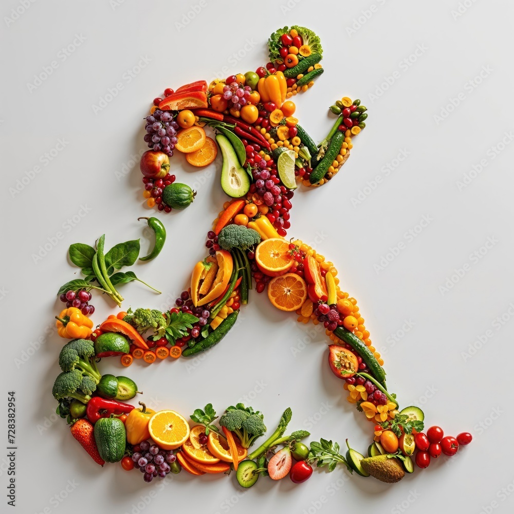 A colorful human figure sprints through a vibrant garden of fruits and vegetables, embracing the beauty and vitality of nature's bounty