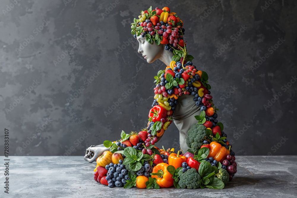 A serene garden goddess adorned with a bountiful headdress of vibrant fruits, exuding the essence of nature's abundance