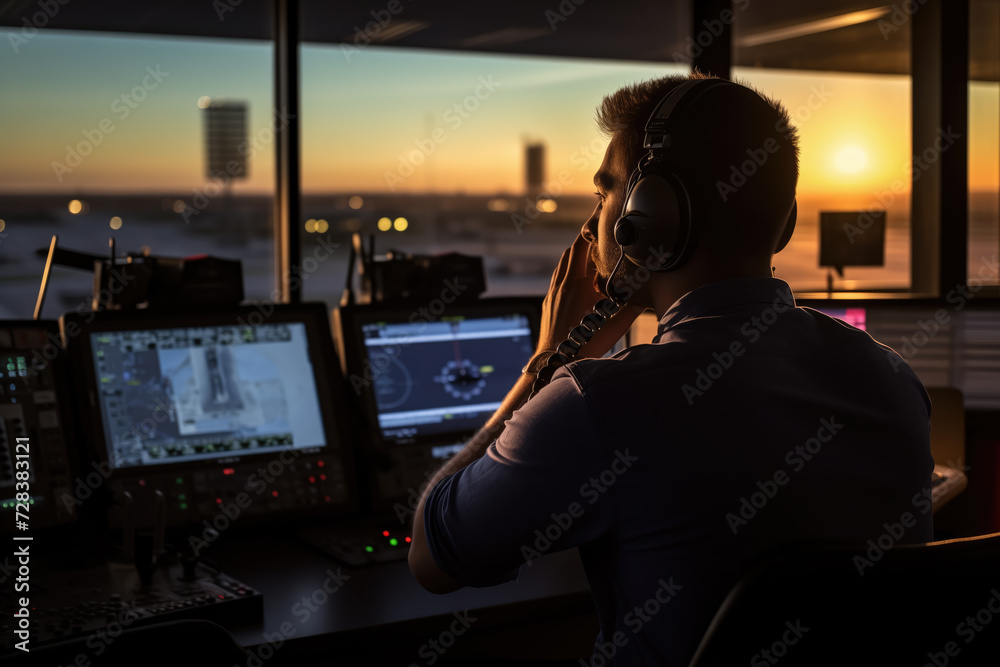 Air traffic controller working during a beautiful sunset, with a silhouette profile against screens displaying radar and flight paths. Air traffic controller working during a beautiful sunset, with a silhouette profile against screens displaying radar and flight paths.