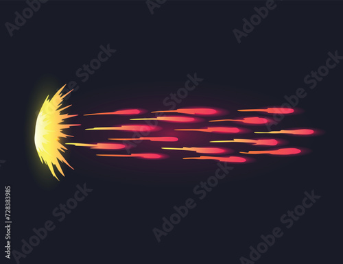 Cartoon laser gun beam. Alien combat weapon rays. Futuristic shot effect. Destructive plasma flow. Bomb blaster attack explosion. Vector game element