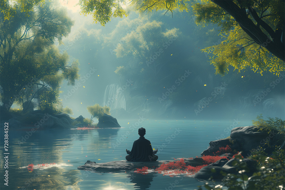Immerse in nature's tranquility with a man practicing mindful meditation, captured in ultra HD, emphasizing serene realism and meticulous design details.