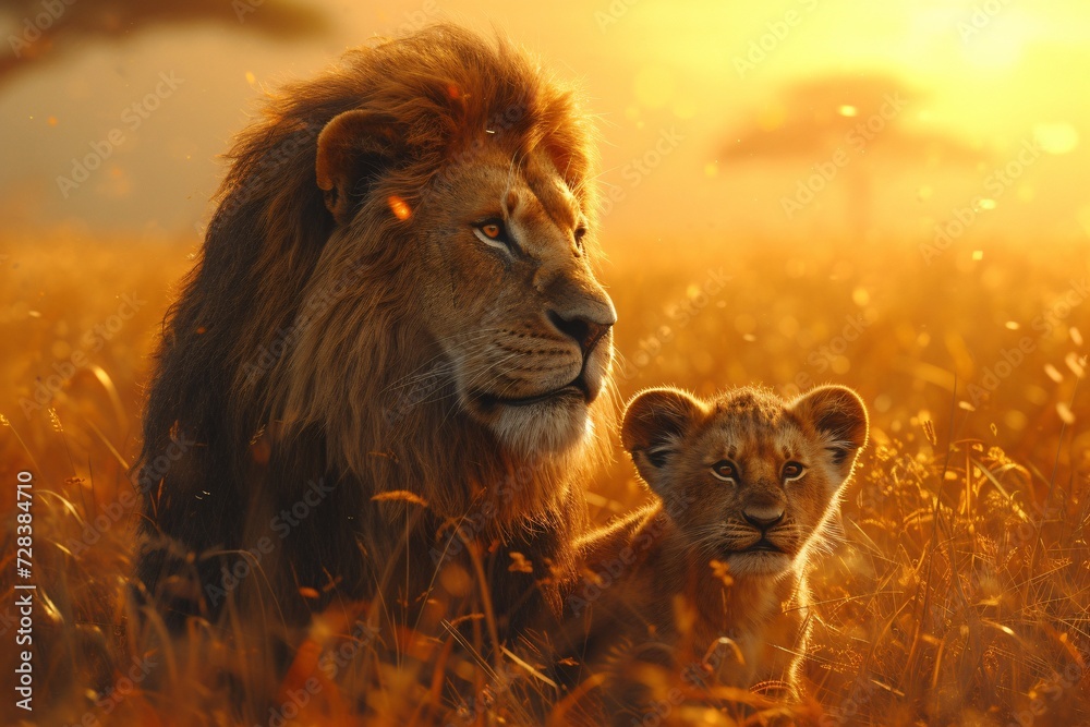 Fototapeta premium Golden Lion and Cub in the Sunset Generative AI