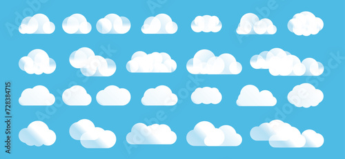 Set of gradient cartoon clouds in a flat design. Abstract white cloudy set isolated on blue background. Vector illustration.